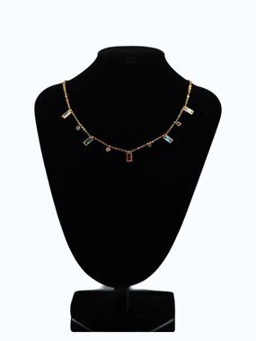 UTC Gold Tone Rainbow Crystal Station Necklace | Dainty Baguette Charm Necklace
